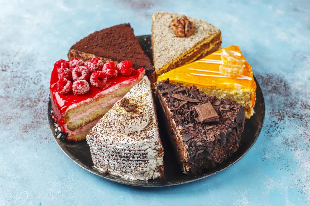 assortment of pieces of cake.